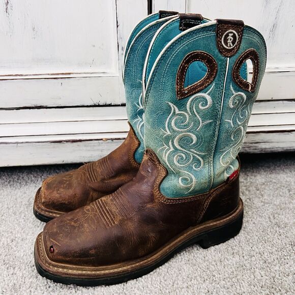 Tony Lama Gladewater Turquoise Blue & Saddleback Brown Work Boots - Womens 7B - Picture 1 of 9